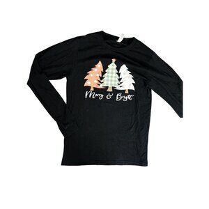 Merry & Bright Black Long Sleeve Holiday T-Shirt Medium NWOT Christmas